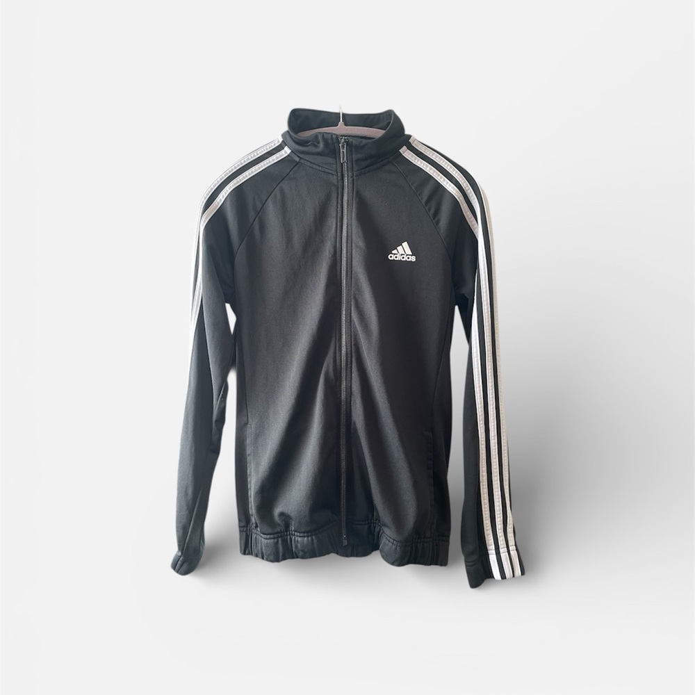Adidas Women's Black Varsity Jacket with White Stripes